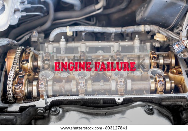 internal car engine \
background. Automobile service Maintenance  concept with title\
ENGINE FAILURE