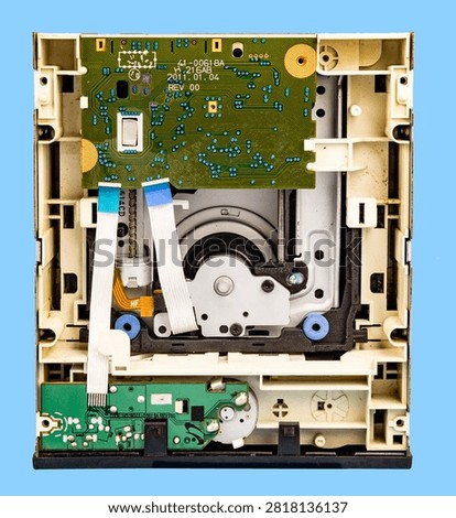 Internal Components of Optical Disc Drive Collection Isolated on White Background CD and DVD Drive Mechanism