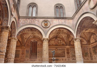 Internal Court Yard Of Palazzo Vecchio Cortile Di Michelozzo In Florence, Italiy.