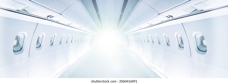 Internal empty salon view of a passenger civil aircraft full with light and illumination