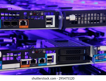Internal parts and electronics server on blue background lighting