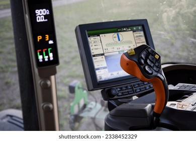Internal structure of agricultural machinery. view from the cabin of agricultural machinery. - Shutterstock ID 2338452329