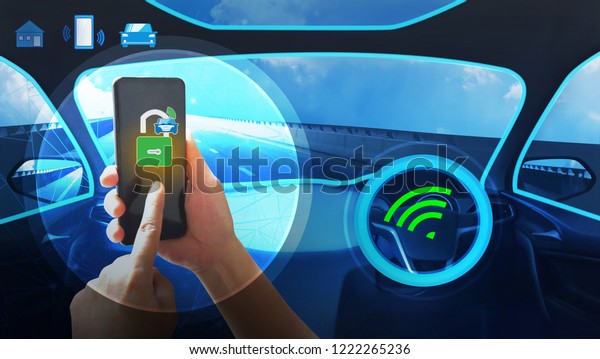 Internal\
view and automatic self command driving  with smartphone , Electric\
smart car technology. with copy space for\
text.