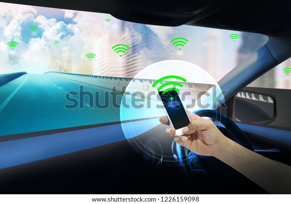 Internal
view and automatic self command driving  with smartphone ,Electric
smart car technology and Empty space for
text.