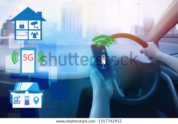 Internal view and automatic self\
command driving with smartphone connection smart homes control,\
\
Electric smart car technology and right empty space for\
text.