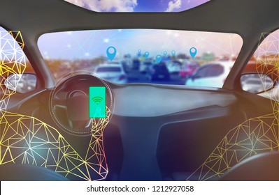 Internal view, Display screen and automatic self driving .Electric smart car technology.