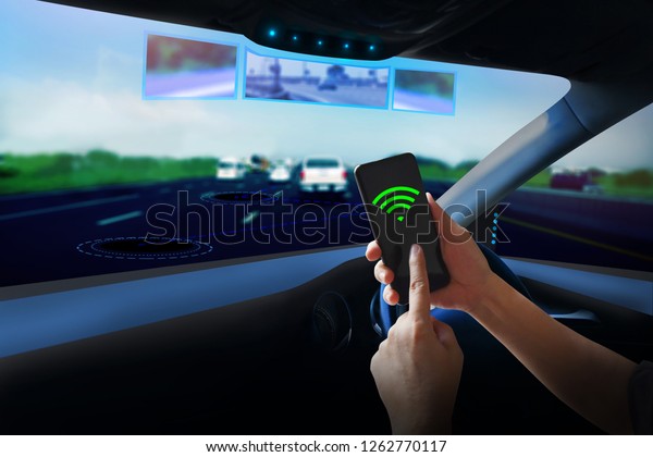 Internal view, Display screen and automatic\
self driving. Electric smart car technology\
.