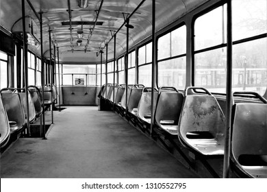 Internal view of an empty bus tram. Monochrome, black and white photo. - Powered by Shutterstock