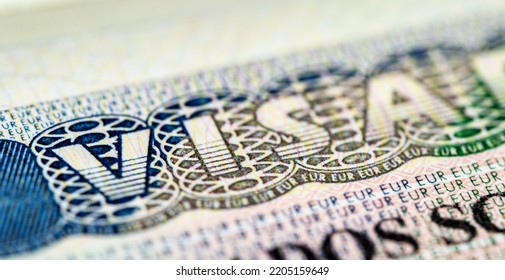 Internationa visa in passport close up view. Schengen visa in passport. - Shutterstock ID 2205159649