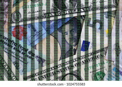 international banknote among binary code background,cryptocurrency and digital asset concept