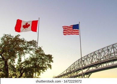 International Border Crossing. Sunset at the Blue Water Bridge border United States and Canada crossing. The bridge connects Port Huron, Michigan and Sarnia, Ontario.