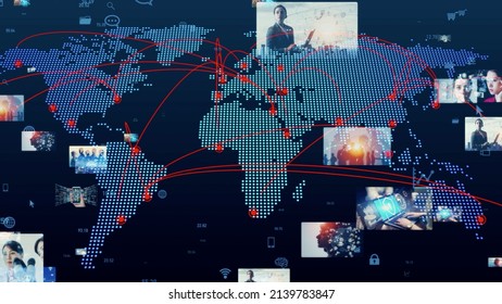 International broadcasting concept. Video distribution service. Streaming video. communication network. 