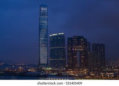 International Commerce Centre with illumination, Arch and coast in Hong Kong, China at night, view from Starhouse