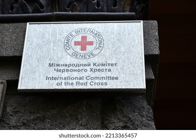 International Committee Of Red Cross Sign On The Wall In Kyiv, Ukraine. Space For Copy. 