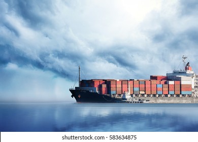 International Container Cargo Ship In The Ocean, Freight Transportation, Nautical Vessel