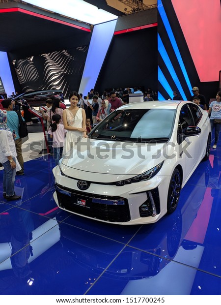 International Convention Center, Tangerang,\
Indonesia - July 21,2019: New Toyota Yaris shown at the exhibition\
with the Sales Promotion\
Girl