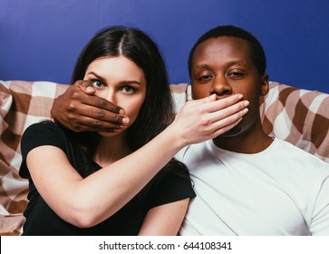 International Couple Secret Black Man White Woman Closeup Not Telling Silent Dumb Shut Up Hand Concept