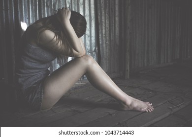 International Day For The Elimination Of Violence Women, Sexual Harassment Human Trafficking, Sad Woman Sit Alone Feeling Bad.