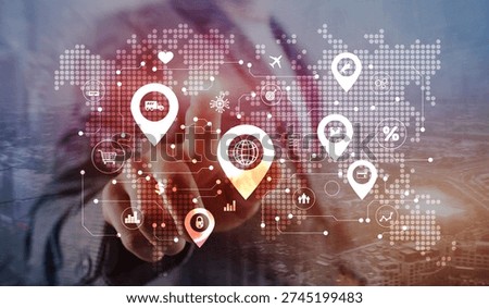 International Digital Commerce and Data Mapping Concept with Global Location Icons.
