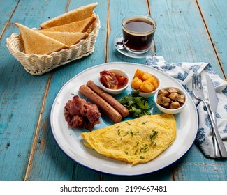 International English Breakfast, Coffee, Bread, Slice, Egg Served In A Dish Side View On Wooden Table