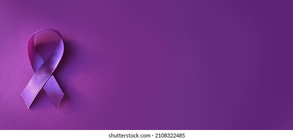 International Epilepsy Day. Purple ribbon on purple background. Alzheimer's disease, Pancreatic cancer, Hodgkin's Lymphoma awareness. World Lupus Day and world cancer. Banner. copyspace - Shutterstock ID 2108322485