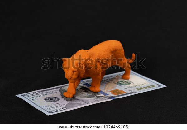 International exchanges on stock markets and\
financial concept: An orange toy tiger standing on a US hundred\
dollar banknote on black surface with copy space. American money\
value in business