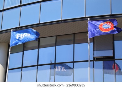 International Federation of Association Football flag, soccer Flag of FIFA, Union of European Football Associations flag, UEFA flag, UEFA European Championship: Belarus, Minsk - 24 May, 2022