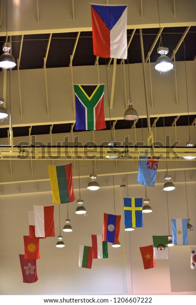 International Flags Hanging Ceiling Sport Hall Stock Photo