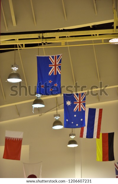 International Flags Hanging Ceiling Sport Hall Stock Photo