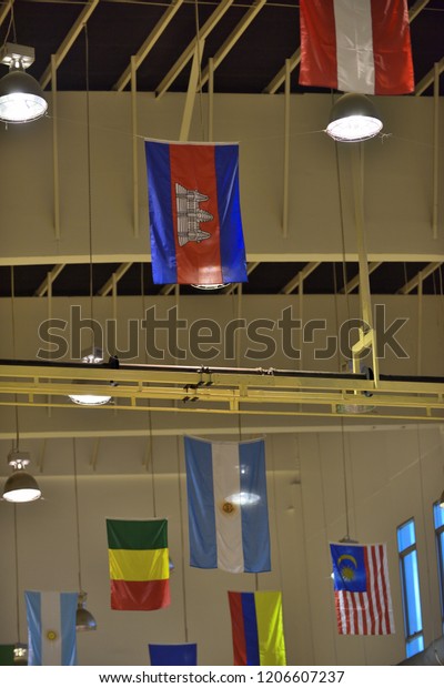 International Flags Hanging Ceiling Sport Hall Stock Photo