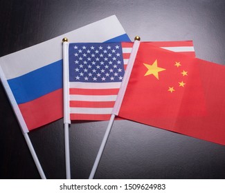 International Flags Of The United States Of America Russia,China.