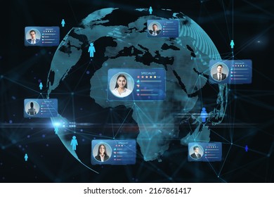 Internationaler Freelancer-Suchdienst mit digitalen Karten enthält Profilinformationen und Gesichtfotos sowie blaue menschliche Zeichen auf weltweitem Hintergrund