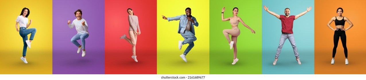 International Group Of People Having Fun On Colorful Studio Backgrounds, Happy Stylish Millennial Men And Women Grimacing And Gesturing, Showing Positive Emotions, Full Length Shots, Panorama