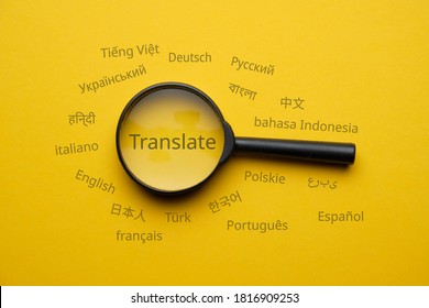 International language translation search concept with magnifying glass.