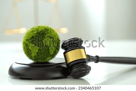 International Law and Environment Law. Green World and gavel with scales of justice. law for global economic regulation aligned with the principles of sustainable environmental conservation. Esg