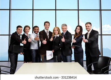 The International Law Firm. Business People On The Background Of Sky. Team Of Lawyers In The Conference Hall.