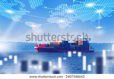 International maritime logistics. Ship with cargo containers. Sea vessel carries goods across ocean. World map with supply chains. Chart price fluctuations for maritime logistics. Ship sails on sea