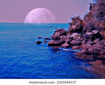 International moon day, beautiful moon, blue sea, scenic view of blue sea at night with moon, photography, moon over the ocean wallpaper, wallpaper, abstract, colorful sky, rock formation with see.