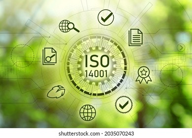 International Organization for Standardization (ISO 14001). Different virtual icons on blurred green background