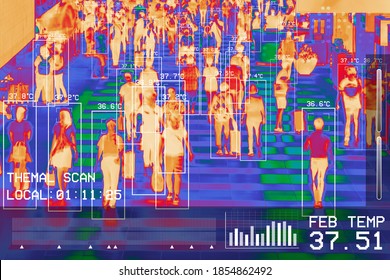 International Passengers Infrared Thermal Heat Scan Imaging Camera Sensor At Airport Seeking High Body Temperature Checking System Detection Corona Virus Covid-19 Infection Disease, Group Of People 