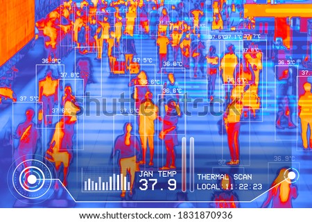 international passengers infrared thermal heat scan imaging camera sensor at airport seeking high body temperature checking system detection corona virus covid-19 infection disease, group of people 