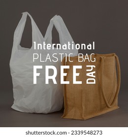 International plastic free bag text over jute bag and plastic bag against gray background. digital composite, social issues, sustainable resources and plastic free concept. - Powered by Shutterstock
