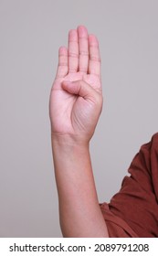 International signal for help created by the Canadian Women’s Foundation: 1. Palm to others and tuck thumb.