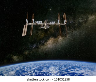The International Space Station above the Earth, with the Milky Way in the Background. Elements of this image furnished by NASA.