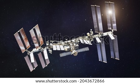 International space station in dark starry space. ISS. Elements of this image furnished by NASA