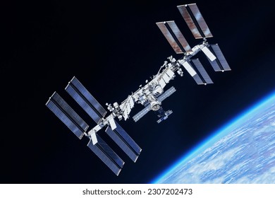 International Space Station in Earth's orbit. Elements of this image furnishing NASA. High quality photo - Shutterstock ID 2307202473