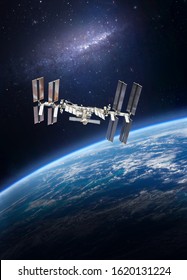 International Space Station On Orbit Of Earth Planet View From Outer Space. ISS. Nebula. Vertical Wallpaper. Elements Of This Image Furnished By NASA