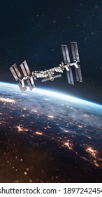 International Space Station On Orbit Of Earth. View From Outer Space. ISS. Vertical Wallpaper. Elements Of This Image Furnished By NASA.