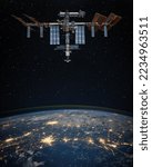 The International Space Station orbiting planet Earth and moon. Scientific space exploration using a space station. Elements of this image furnished by NASA. 