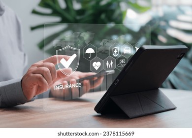 International standard insurance, Healthcare, Medical business with virtual graph concept, Businessmen show Insurance conditions on tablets screen financial, life, family, accident logistics insurance